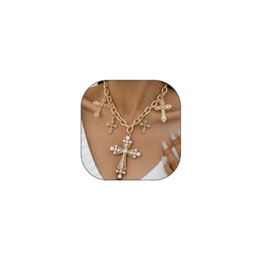 Imagem de Colar grosso com cruz de pérola, ouro, prata, gargantilha em camadas, empilhável, em forma de cruz, pingente de joia com strass, colar de corrente grossa, one size, Zinco, Sem Pedra Preciosa