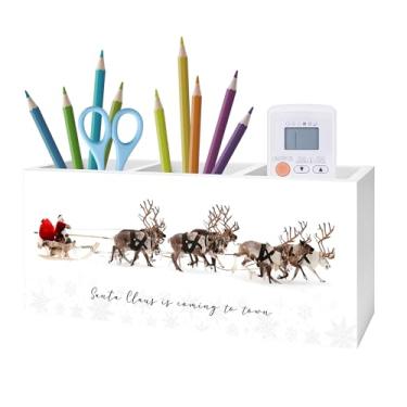 Imagem de Exqcom Porta-lápis de Natal de inverno para mesa, decoração de escritório de Natal, casa de fazenda rústica, Papai Noel e rena, placa de bloco de madeira para decoração de mesa de escritório em casa