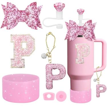 Imagem de Conjunto de acessórios de copo Stanley de 7 peças, pingente de letra para copos Stanley, incluindo canudo de diamante, canudo de laço, bota de silicone brilhante para Owala 850 g e 1,134 g (rosa P)