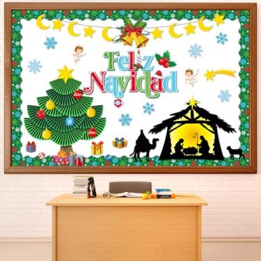 Imagem de Funrous Decoração de quadro de avisos de Natal Conjunto de quadro de avisos de presépio Feliz Navidad Decorações de Natal Espanhol Presépio Cristão Religioso Jesus Nascimento Recorte Fronteira Igreja