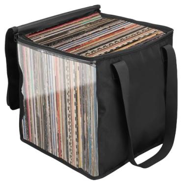 Imagem de Organizador de discos de vinil transparente, bolsa de transporte com alça e tampa, suporte de álbum de discos de grande capacidade para até 50 álbuns para coleção de loja de viagem, Preto, 1-Pack, /