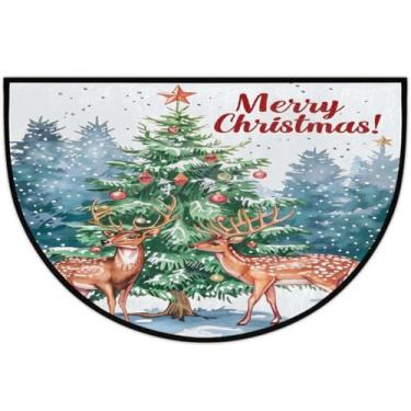 Imagem de Tapete de porta meio redondo, árvore de Natal, alce, antiderrapante, absorvente, semicírculo, tapetes laváveis, meia lua, tapetes para ambientes internos, pátio, cozinha, banheiro, entrada, lareira