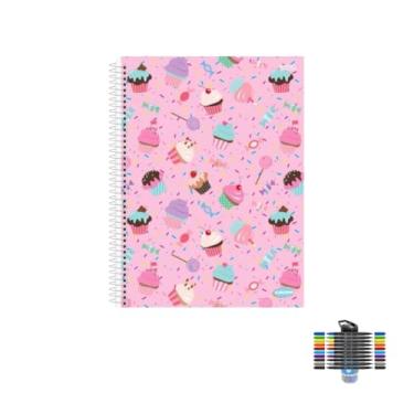 Imagem de Kit Caderno Feminino Capa Dura 200 Folhas + Caneta Esferográfica Spiro 0.7mm + Marcador Artístico Brush 10 Cores