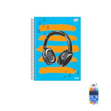 Imagem de Kit Caderno Masculino 10 Matérias Capa Dura 200 Folhas + Canetas Esferográficas Sortidas + Marca Texto Gel Pastel