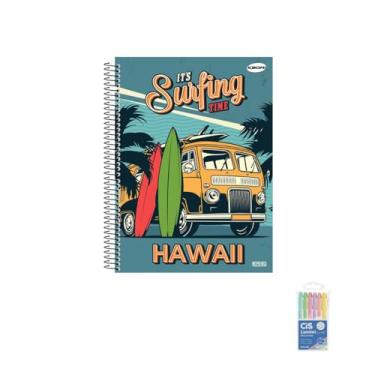 Imagem de Kit Caderno Masculino 1 Matéria Capa Dura 96 Folhas KBOM + Estojo com Marca Texto Lumini Pastel