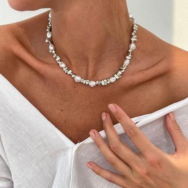 Imagem de Colar gargantilha de pérolas para mulheres, meia pérola, meia corrente, colar com contas de prata, delicadas, joias, presentes de amizade, presentes de Natal para mulheres, dia dos namorados, Medium