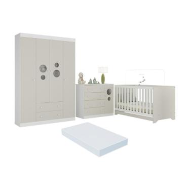 Imagem de Quarto De Bebê Completo Berço Americano 3 Em 1 Colchão Pirulito Multimóveis MP4629 Branco-off White