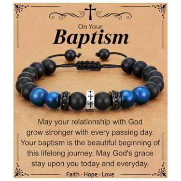 Imagem de Esrial Pulseira de cruz para homens, presentes de Natal para homens, pulseira de contas cruzadas, aniversário, batismo, presentes cristãos para filho, neto, irmão, sobrinho, 5.5in, Cobre, Ágata