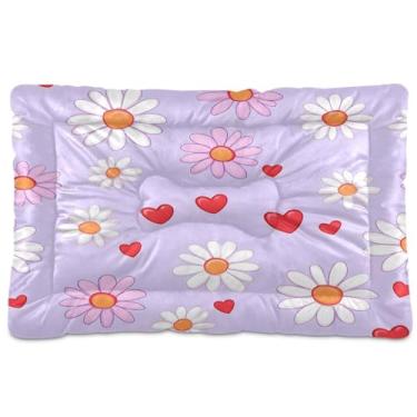 Imagem de Wassud Margaridas e corações vermelhos cama grande para cães tapete de cachorro lavável cama de gato para dormir viagens 91 x 61 cm