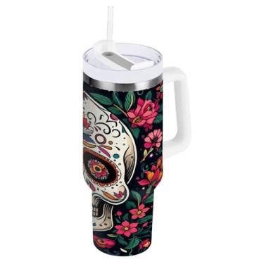 Imagem de Kigai Copo de 1,134 g com alça, copos coloridos com isolamento de caveira de açúcar com tampa e canudo, garrafa de água esportiva grande de metal, caneca de café de viagem de aço inoxidável