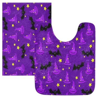 Imagem de Burbuja Conjunto de tapetes de banheiro com chapéus de bruxa roxos, tapete de banho macio e absorvente, base de vaso sanitário antiderrapante para banheiro