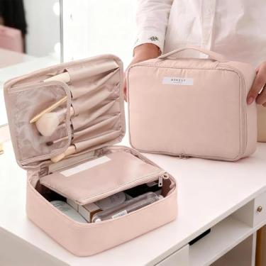 Imagem de Bolsa de maquiagem para mulheres, organizador de cosméticos de viagem, com compartimentos, bolsa de higiene pessoal portátil, suporte de escova de beleza, rosa, Sacos de cosméticos