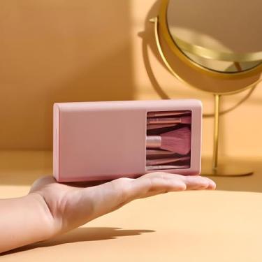 Imagem de Conjunto de 5 pincéis de maquiagem rosa com espelho e estojo de viagem, kit de pincéis cosméticos portáteis para base em pó, blush e maquiagem para os olhos