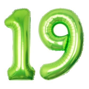 Imagem de SULALABOO Balão grande número 19 verde de 101 cm com número de hélio grande limão gigante digital 19ª folha Mylar balão grande para festa de aniversário de meninos decorações de formatura