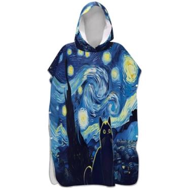 Imagem de Joisal Roupão de mudança de poncho de surfe para adultos toalhas de banho com capuz plus size masculino poncho com capuz gato fofo noite estrelada amarelo