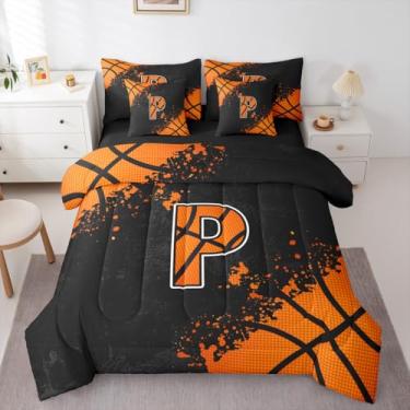 Imagem de Erosebridal Conjunto de edredom de basquete com lençol - Monograma, P, para meninos, meninas, tema esportivo, 7 peças, conjunto de cama em um saco, bola e jogos esportivos