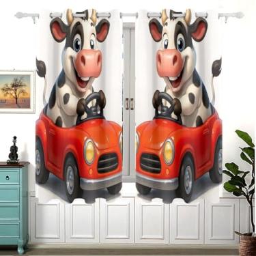 Imagem de TSENQUE Lindas cortinas de janela de carro de vaca vermelha com desenho animado 163 x 139 cm, estampa de poliéster para quarto infantil, 63 x 55 pol. x 2 peças