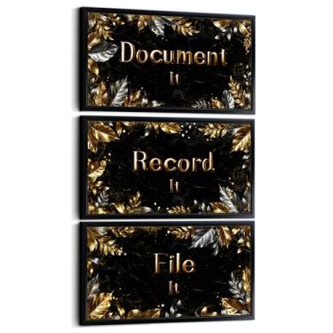 Imagem de Visual Art Decor Placas de escritório decoração de escritório moldura preta tela arte de parede gravar, arquivar, documentar imagens emolduradas folhas douradas impressas 20 x 40 cm x 3 peças (preto)