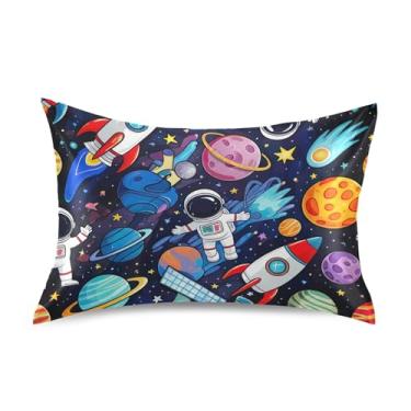 Imagem de Fronhas coloridas de cetim astronauta planetas espaciais para resfriamento de cabelo casa vida cama impressão artística padrão Queen King Size travesseiro tamanho padrão 66 cm x 50 cm