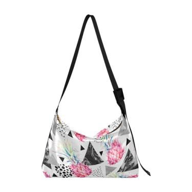 Imagem de Bolsa feminina Hobo de couro PU com flor de folha, preto, branco, grande, design com estampa animal, bolsa de ombro única, Abacaxi geométrico cinza rosa