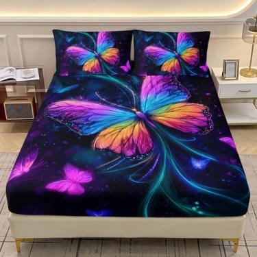 Imagem de AILONEN Jogo de lençol casal com borboleta, arco-íris, para decoração de quarto, borboletas estreladas de 3 peças com 2 fronhas
