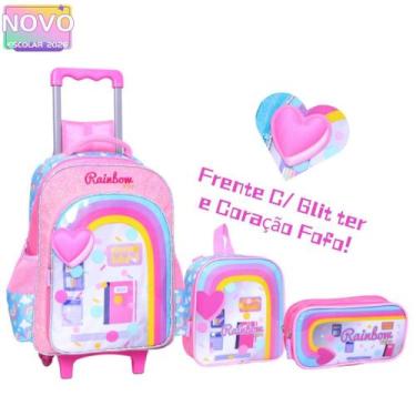 Imagem de Kit Mochila Rodinha Glitter e Coração Fofo Arco-íris Grande Infantil E