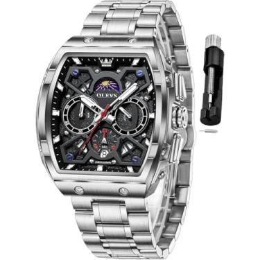 Imagem de OLEVS Relógio masculino para negócios, cronógrafo, quadrado, quartzo, analógico, masculino, pulseira de silicone, impermeável, presente de data, relógio masculino prata, Relógio preto prateado grande