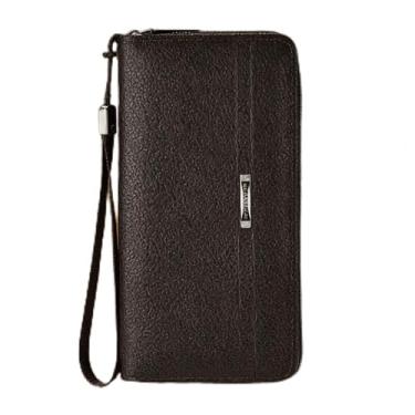 Imagem de Carteira masculina retrô marrom escuro com vários compartimentos com zíper de couro sintético de grão fosco, resistente à água, design retrô marrom escuro com vários compartimentos, grão fosco, à