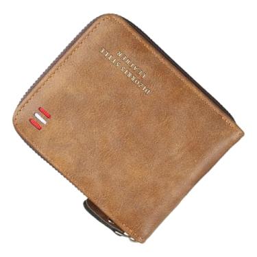 Imagem de Carteira masculina ultraleve de couro sintético vintage – Bolsa curta dobrável com bolso para moedas com zíper – Suporte para cartão de grande capacidade com bloqueio de RFID e 2 janelas para
