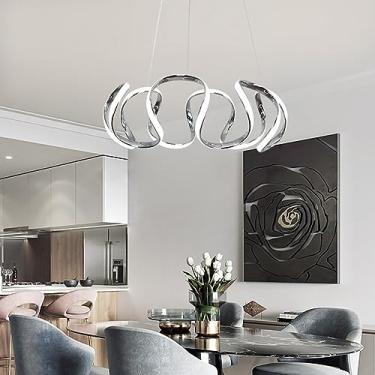 Imagem de Luminária pendente LED para mesa de jantar, com intensidade regulável, giratória e com controle remoto. Lustre de design em alumínio dourado com altura ajustável (cromado, 58 cm de comprimen