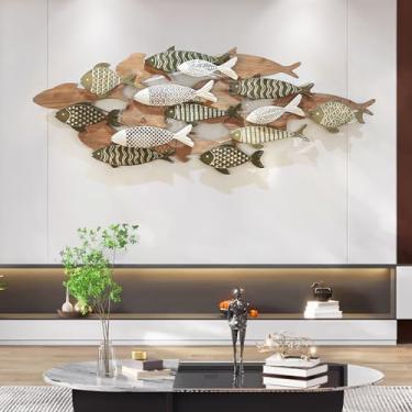 Imagem de Decoração de arte de parede de metal esculturas de peixe para sala de estar, escultura 3D moderna de peixes náuticos para pendurar na parede mural do oceano arte costeira sala de jantar ornamento de
