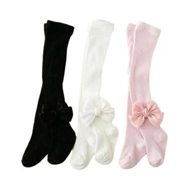 Imagem de 3 pares de meia-calça com decoração de laço para meninas pequenas - NO
