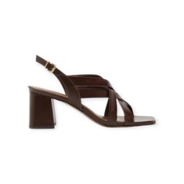 Imagem de Sandália Feminina Arezzo Couro Tiras Cruzadas Salto Bloco Marrom-Feminino