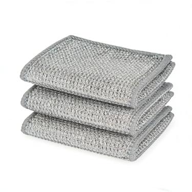 Imagem de 3 peças de panos de prato de malha prateada, pano de prato de arame sem arranhões, reutilizáveis, panos de limpeza de camada dupla, ideais para limpeza de cozinha, pias, pratos e fogões