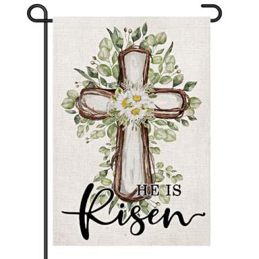 Imagem de Bandeira de jardim Easter He Is Risen 30,5 x 45,7 cm, placa dupla face pequena, cruz de madeira rústica e margarida, decoração ao ar livre cristã para varanda e quintal DF1053