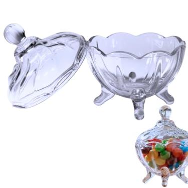 Imagem de Bomboniere de Vidro Veneza com Tampa, Transparente, 158ml, Design Clássico Lapidado, 12cm Altura, Pés Decorativos