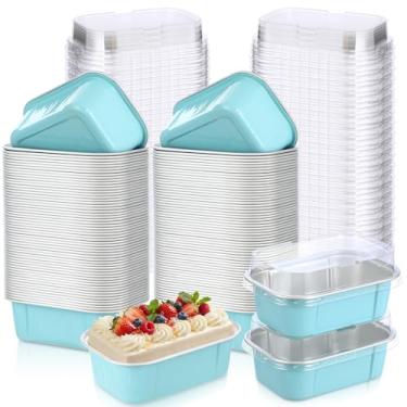 Imagem de Vesici 100 conjuntos de mini formas de pão com tampas, copos descartáveis de folha de alumínio de 162 g, formas de bolo retangulares para pudim, sobremesas, armazenamento de muffins, suprimentos de