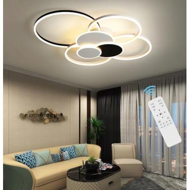 Imagem de Luminária de teto LED moderna para sala de estar, lustre com regulagem de intensidade e controle remoto (3000k-6500k), 120w, alta potência, brilho intenso, ideal para quarto (preta, 120cm)