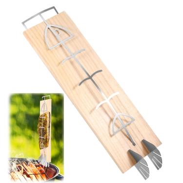 Imagem de ZJRDYYK Placa de salmão em chamas para churrasco, aço inoxidável e tábuas ajustáveis de madeira para cozinhar salmão na grelha para acampamento ao ar livre (estilo 1)