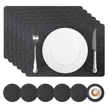 Imagem de comfoyar Jogo americano de couro sintético conjunto de 6 com porta-copos 30,5 x 43,2 cm, antiderrapante, resistente ao calor, preto rachado, tapetes de mesa laváveis à prova d'água para decoração de