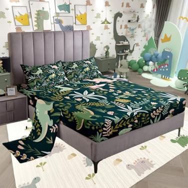 Imagem de Jogo de lençol casal com desenho animado de dinossauro, desenho kawaii de dinossauro, verde e rosa, planta, botânico, 1 lençol com elástico, 2 fronhas