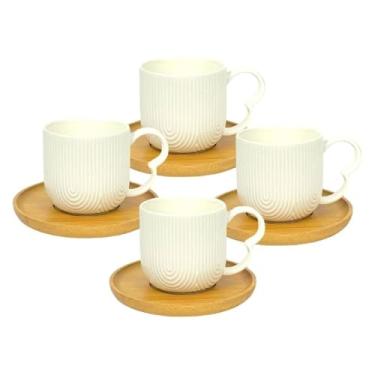 Imagem de Conjunto com 4 Xícaras de Café e Chá 90ml em Cerâmica com Pires de Bambu Branco