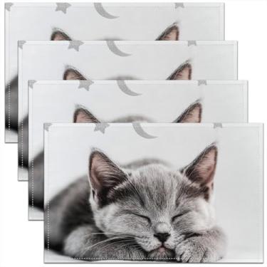 Imagem de Feelyou Jogo americano fofo de gato, conjunto de 4 tapetes de mesa kawaii, animais fofos, para cozinha, mesa de jantar, decoração de festa, ambientes internos e externos, 45,7 x 30,5 cm