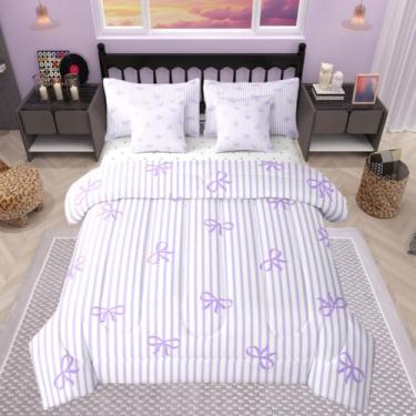 Imagem de Castle Fairy Jogo de cama Queen com edredom de laço roxo com listras e laço, 7 peças, para crianças, meninas, meninos, estilo princesa doce, cama de poliéster em uma bolsa, roxo, 2 edredons macios