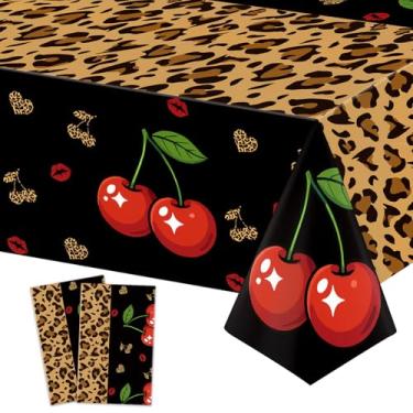 Imagem de Moukeren 2 peças de toalha de mesa com estampa de chita e cereja de plástico vermelho e preto leopardo cereja decorações de mesa descartáveis para aniversário, bebê, chá de noiva, despedida de