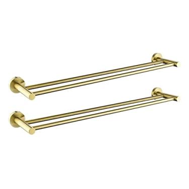 Imagem de 3FLQOOPP Toalheiro de banheiro toalheiro de aço inoxidável toalheiro toalheiro para banheiro, toalheiro moderno dourado escovado montado na parede suporte de toalha de barra dupla (ouro 2 peças)