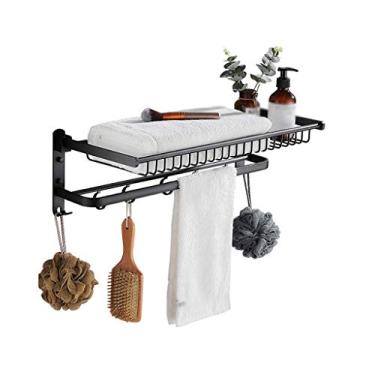 Imagem de 3FLQOOPP Suporte de toalha dobrável 2 camadas toalheiro espaço alumínio suporte de armazenamento de banheiro gancho de parede prateleira de toalha com 9 ganchos toalheiro/preto/60 cm (preto 60 cm)