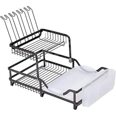 Imagem de Escorredor de louça, escorredor de 2 camadas com bandeja removível para tigelas, pratos e utensílios de cozinha, prateleira de organização de armazenamento H Prateleira de secagem (preto 52 x 35 x 25