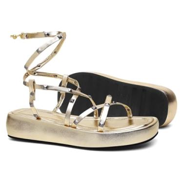 Imagem de BONO Rock Sandália Feminina Dourada Plataforma Rasteira com Strass, Confortável, Moderna, Casual, Sola de Borracha (Dourado, BR, Adulto, Numérico, 36)