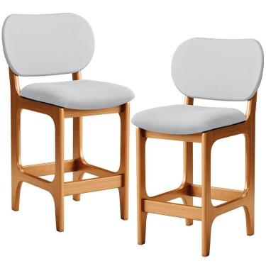 Imagem de Kit 02 Banquetas Baixa Bar Cozinha E Sala De Jantar Fixa Betta L02 Imbuia Linho Cinza